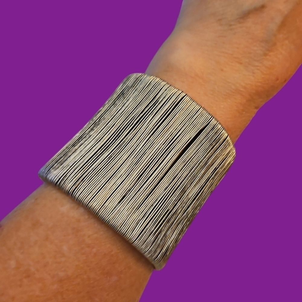 Lisa Freede Silvertone Vertical Metal Cuff Chunky Castlecore Bracelet
